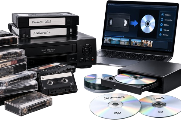 Cassettes VHS et CD pour transfert numérique à l'Atelier IDF